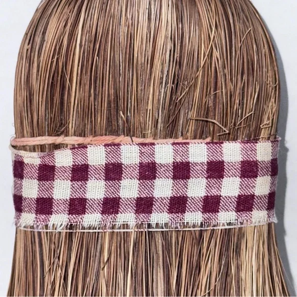 Vintage Whisk Broom Primitive USA Burgundy Check Ribbon Holiday Decor - Picture 4 of 16